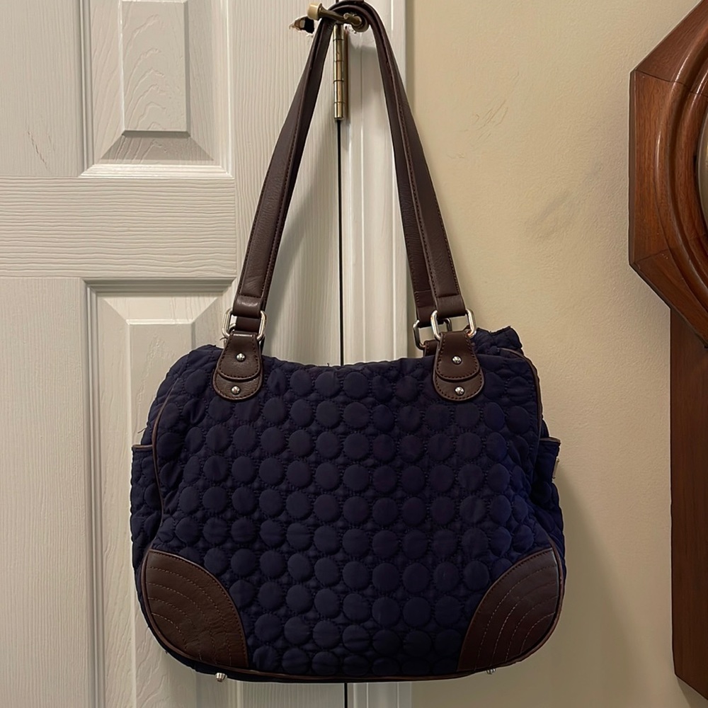 Vera Bradley Wildwood Park Navy Quilted Brown Leather Trim Shoulder Bag